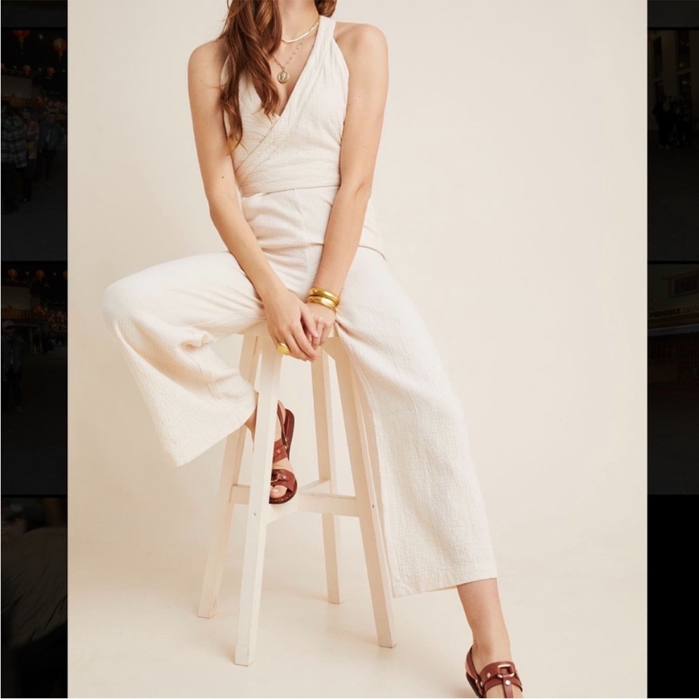 Anthropology Demi Cream Texture Jump Suit‎ with Tie Around Waist Size 4